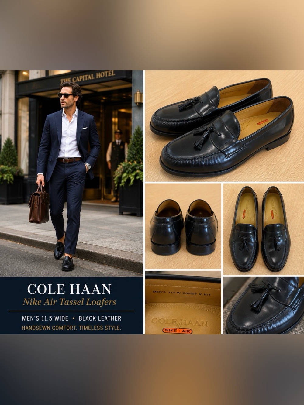 Cole Haan Nike Air Black Leather Tassel Slip-On Loafers 11.5W NEW